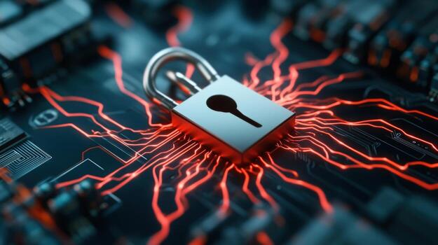 Cyber security technology padlock on circuit board data protection digital encryption photo