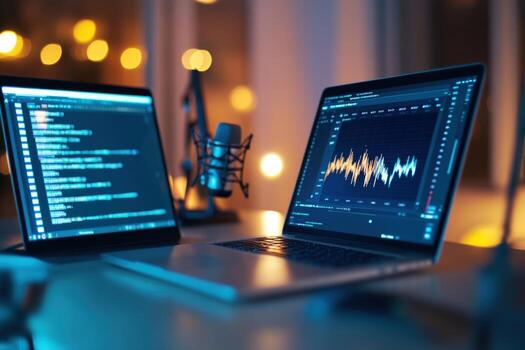 Programming and data analysis on laptops with microphone setup in dim lighting photo