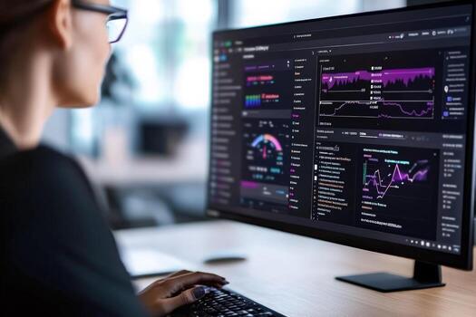 Data analysis on desktop computer with graph and chart displays photo