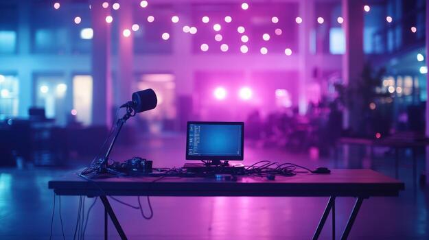 Computer microphone and camera on table with bokeh lights for digital media production photo