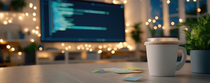 Cozy work environment with coffee mug and coding on screen photo