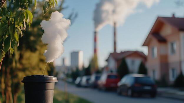 Conceptual image of smoke rising from trash can in urban environment highlighting pollution concerns photo