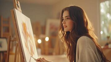 Creative artist painting on canvas in studio with soft warm lighting photo