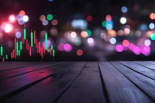 Abstract financial chart on wooden table with bokeh background for investment analysis photo