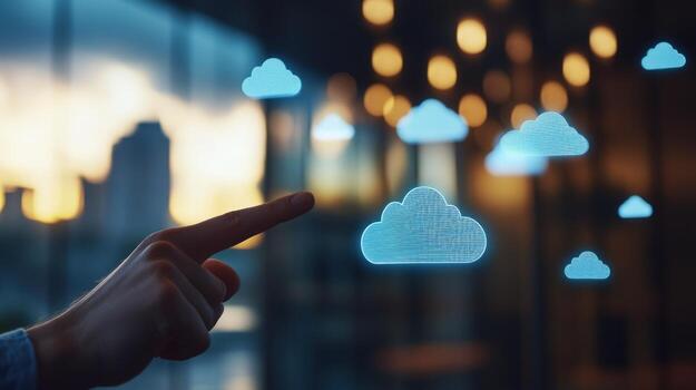 Cloud computing technology hand pointing at cloud icons digital interface photo