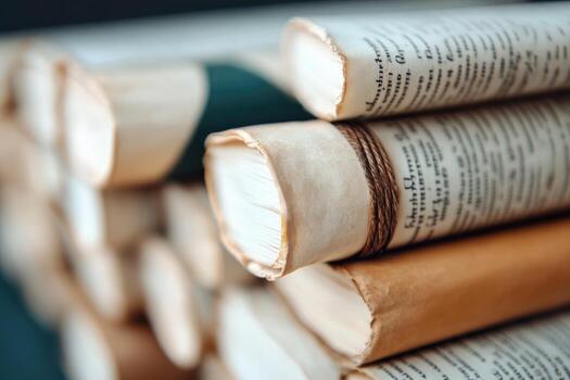 Stack of aged books with printed text on pages for historical knowledge and reading photo