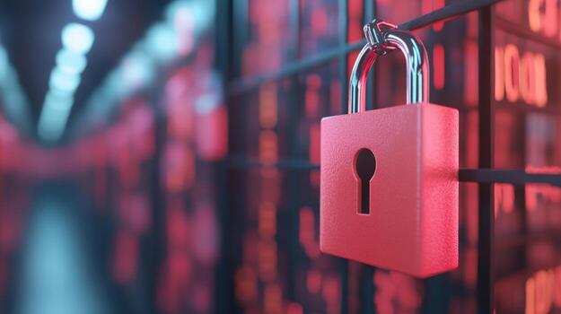 Data security red padlock securing data center servers for cybersecurity and protection photo