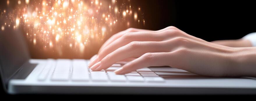 Hands typing on computer keyboard with glowing light digital communication and technology photo