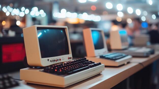 Retro computers array vintage technology display with old desktop machines and keyboards photo
