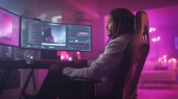 Man working on computer monitors creating digital content photo