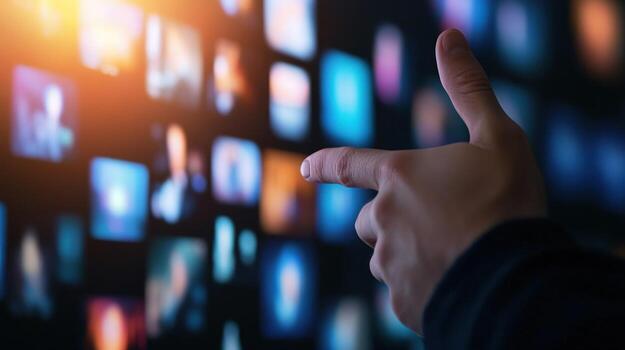 Digital interface point with hand selecting from images on screen technology photo