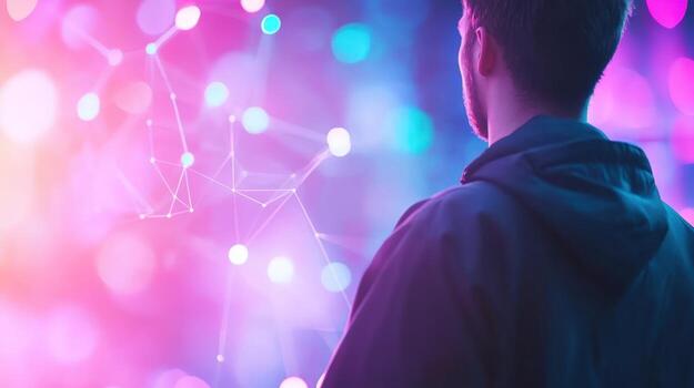 Abstract network connection with glowing data nodes and a person observer in a futuristic digital ambiance photo