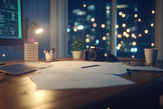 tarde noche software desarrollador espacio de trabajo codificación a computadora escritorio foto