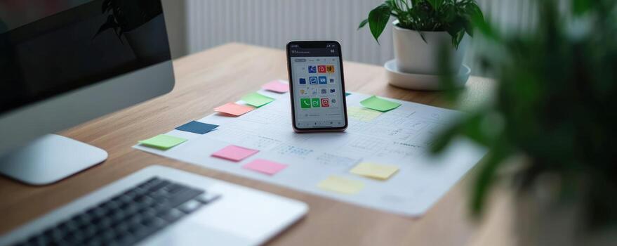 Digital project planning with smartphone on desk with computer and sticky notes photo