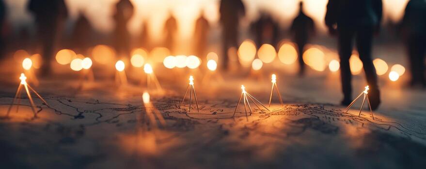 Illuminated figures stand on abstract map light and blur in background photo