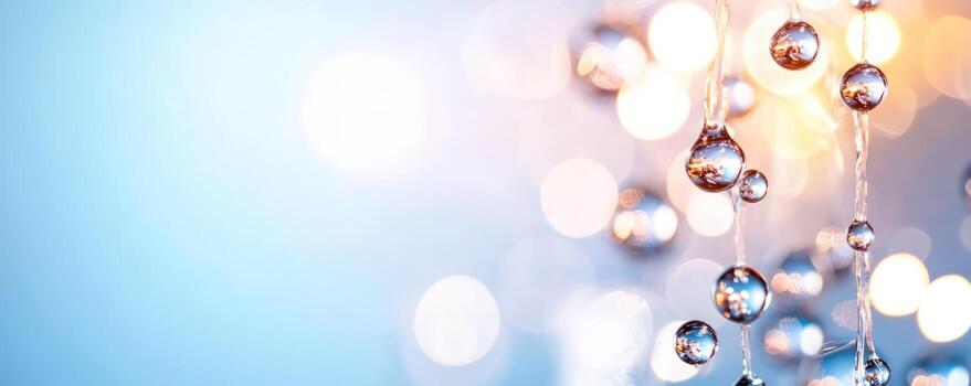 Water droplets reflect light in abstract blue background with bokeh for decorative or abstract design photo