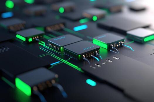 Interconnected computer chips network represents modern digital technology and data processing photo