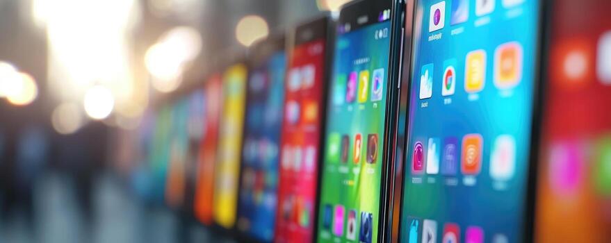 Modern mobile phone array with app icons on screen blurred background photo
