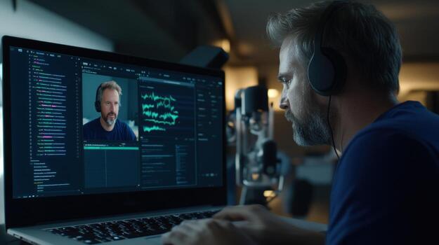 Man coding on laptop computer doing call wearing headphones photo