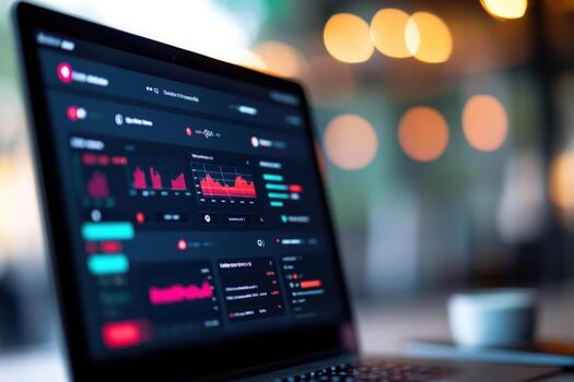 Data analysis on laptop display with financial charts graphs and information photo