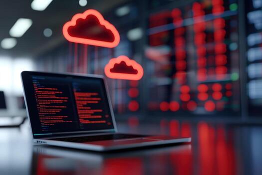 nube informática y datos análisis en ordenador portátil computadora con rojo código foto