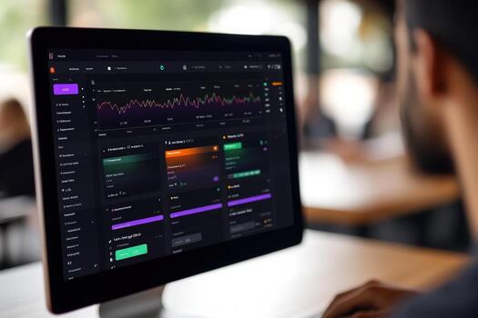 Data analysis and technology interface on computer screen displaying charts and graphs photo