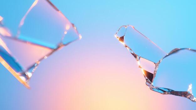 Shattered glass fragments abstract macro close up on gradient color background texture photo