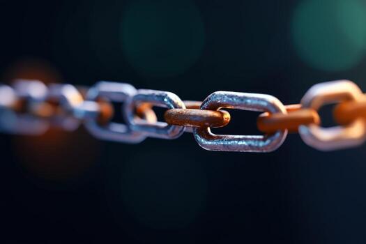 Weathered metal chain links interlocked in macro view showing strength and connection photo