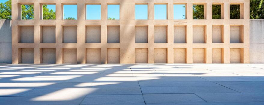 Geometric architecture with sunlight and shadows on pavement patterned wall background photo