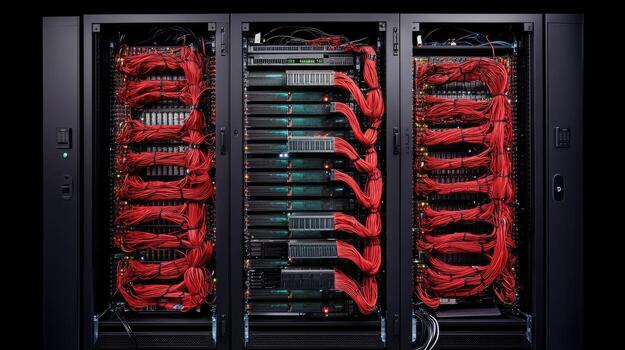 Server rack with red cables for data storage and network connection infrastructure photo