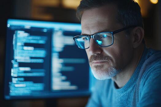 Man coding on computer screen at night developer programmer focused on technology and software photo
