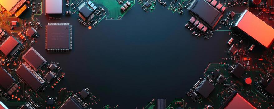 Modern computer circuit board with intricate electronic components for technology and engineering visuals photo
