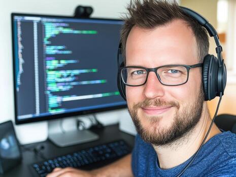 Software developer working with computer and headphones in home office coding or online meeting photo