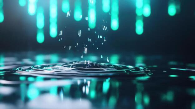 Abstract data stream visualization liquid surface ripple effect with digital numbers light photo