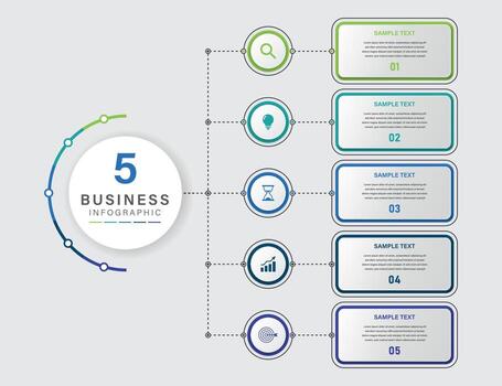 Vertical 5 Step Timeline Infographic with Circular Icons and Rounded Text Boxes for Business Workflow vector