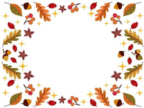 Autumn frame. Rowan berries, rosehip, acorns and colorful leaves with empty center for text, perfect for banners and cards. vector