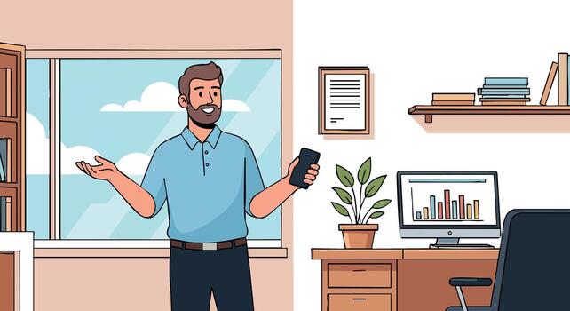 hombre utilizando teléfono inteligente en oficina interior con ventana y escritorio preparar ilustración vector