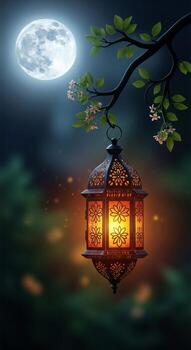 Ornate lantern hanging from a tree branch beneath a bright full moon with soft bokeh lights in the background photo