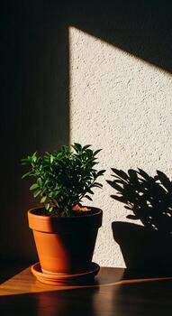 Potted green plant sits on wooden surface casting shadow on textured wall with diagonal light photo