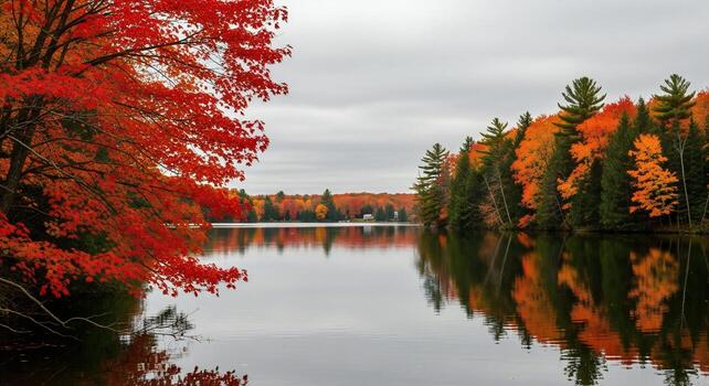 Vivid red maple branches frame a serene lake reflecting colorful autumn trees under a cloudy sky photo