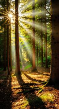 Sunbeams piercing through a dense forest path illuminating the foliage and tree trunks photo