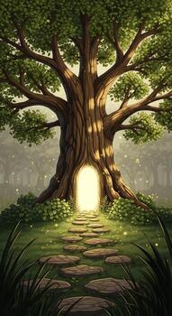 Ancient tree with a luminous doorway and a winding stone path in a mystical forest setting photo