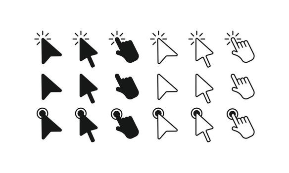 A set of cursor icons. This collection includes various styles of mouse cursors and hand pointers, perfect for web design, app development, and user interface UI projects vector