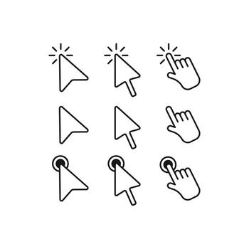 Mouse cursor and hand click icon set . Minimal line style design for UI, UX, website, app interface, computer pointer, navigation, and digital button interaction illustrations vector