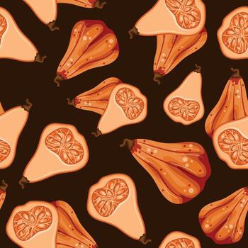 sin costura modelo con brillante otoño icono de alargado calabaza con blanco semillas en eso en marrón fondo, para otoño diseños o patrones y embalaje vector