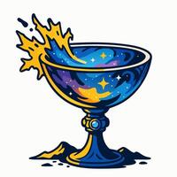 florido azul y oro cáliz salpicaduras estrellas y líquido luz, frente ver en limpiar blanco, mítico fantasía celebracion emblema vector
