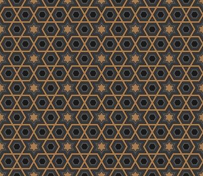 Elegant, geometric pattern with a seamless texture. The repeating background uses intricate hexagons, stars, and polygons in a brown and dark color palette. vector