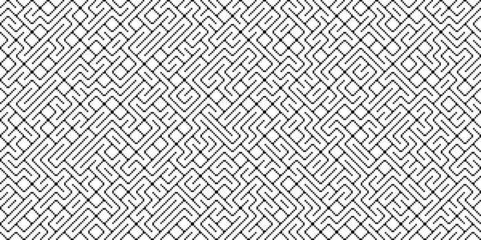 A black and white geometric pattern with interlocking lines creates a complex and abstract background. The intricate network resembles a maze or circuit board. vector