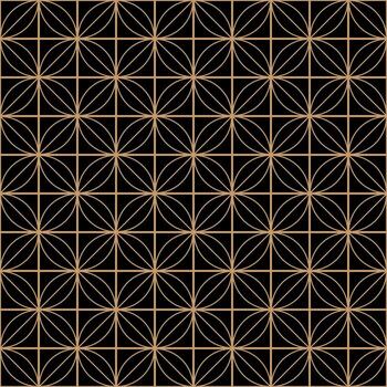 Elegant geometric pattern with a seamless texture. The repeating grid background uses a monochrome gold and black shade with circles. vector