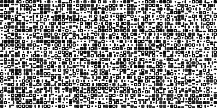 A black and white abstract background with a pixelated texture. The monochromatic arrangement of small, random shapes creates a digital aesthetic. vector